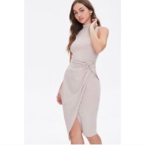 NWT Forever 21 oatmeal tan ribbed mockneck twist front bodycon midi dress